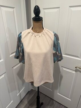 THML Cream Top with Blue Patterned Puff Sleeves